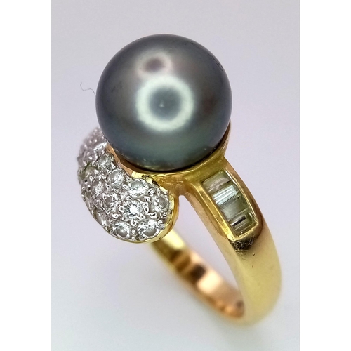 144 - An 18K Yellow Gold Tahitian Pearl and Diamond Ring. Central pearl with baguette and pave diamond cro... 