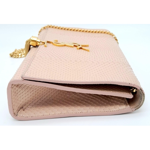 220 - A Pink Saint Laurent Classic Monogram Python Medium Kate Tassel Bag. Gold Hardware. 9.5 inch W x 6 i... 