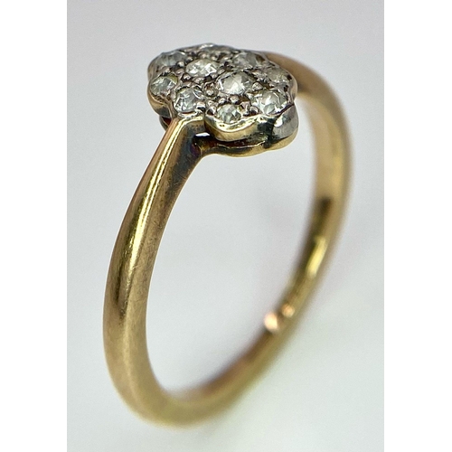 228 - A VINTAGE 18K YELLOW GOLD & PLATINUM OLD CUT 0.30CT DIAMOND CLUSTER RING. TOTAL WEIGHT 2.8G. SIZE N