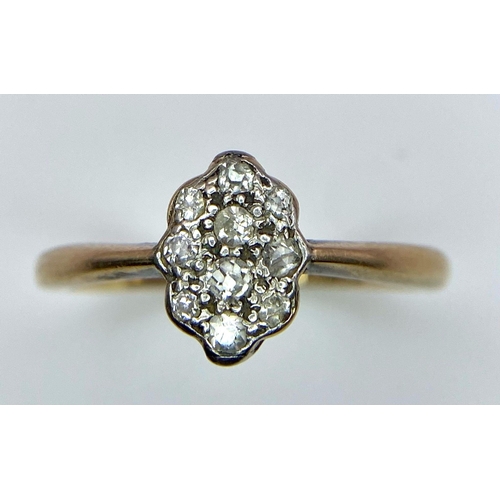 228 - A VINTAGE 18K YELLOW GOLD & PLATINUM OLD CUT 0.30CT DIAMOND CLUSTER RING. TOTAL WEIGHT 2.8G. SIZE N