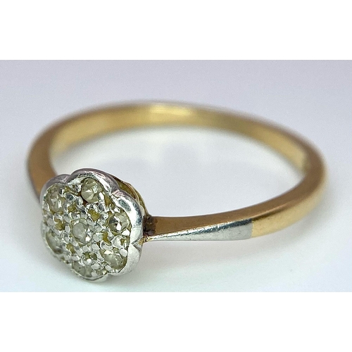 235 - A 18K YELLOW GOLD & PLATINUM VINTAGE OLD CUT DIAMOND CLUSTER RING. TOTAL WEIGHT 3G. SIZE R