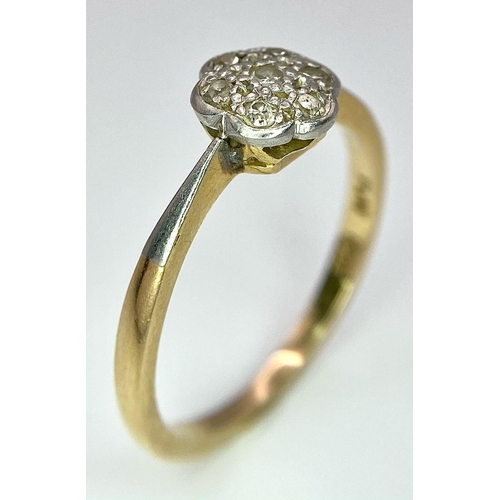 235 - A 18K YELLOW GOLD & PLATINUM VINTAGE OLD CUT DIAMOND CLUSTER RING. TOTAL WEIGHT 3G. SIZE R