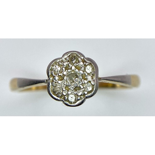 235 - A 18K YELLOW GOLD & PLATINUM VINTAGE OLD CUT DIAMOND CLUSTER RING. TOTAL WEIGHT 3G. SIZE R