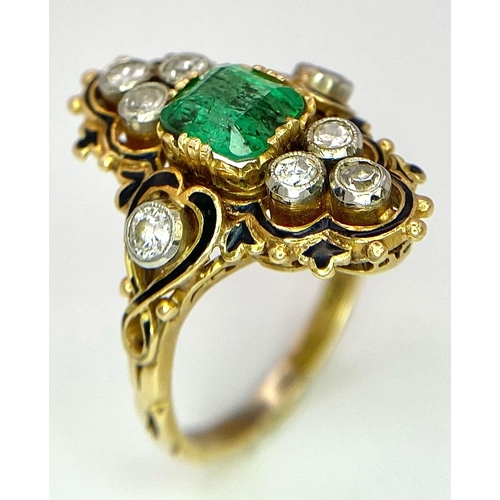 352 - A 18K YELLOW GOLD VINTAGE DIAMOND & EMERALD RING. TOTAL WEIGHT 5G. SIZE I