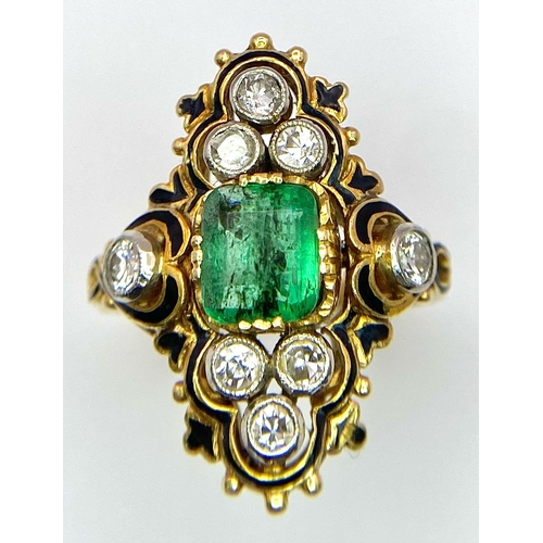 352 - A 18K YELLOW GOLD VINTAGE DIAMOND & EMERALD RING. TOTAL WEIGHT 5G. SIZE I