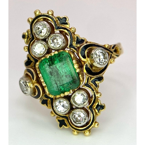 352 - A 18K YELLOW GOLD VINTAGE DIAMOND & EMERALD RING. TOTAL WEIGHT 5G. SIZE I