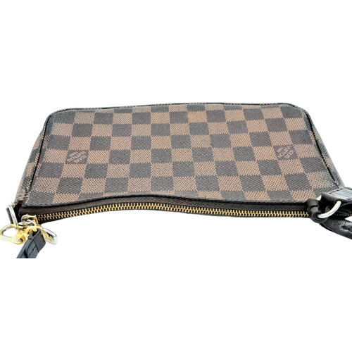 361 - A Louis Vuitton Damier Ebene Pochette with Leather Exterior. Top Zip Closure. Red Fabric Lining with... 