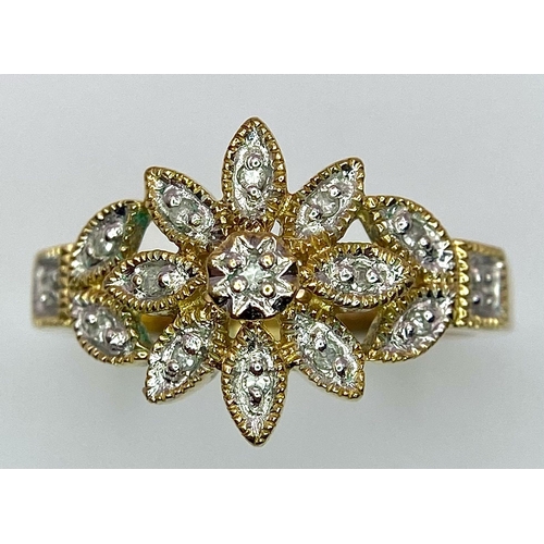 478 - A 9K yellow gold floral diamond set cluster ring, 2.9g, size K (dia:0.15ct)

ref: SH1402I