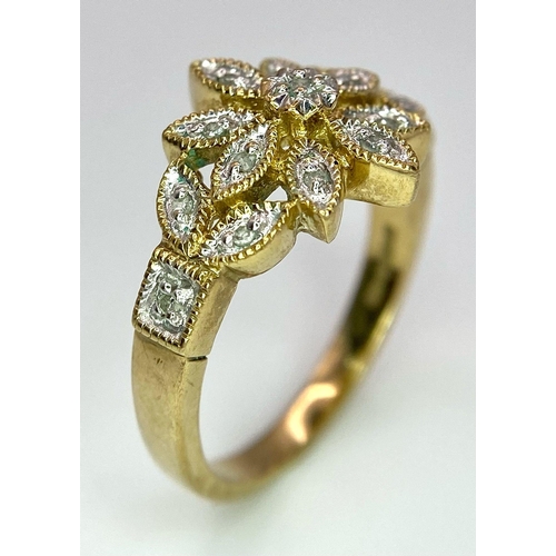 478 - A 9K yellow gold floral diamond set cluster ring, 2.9g, size K (dia:0.15ct)

ref: SH1402I