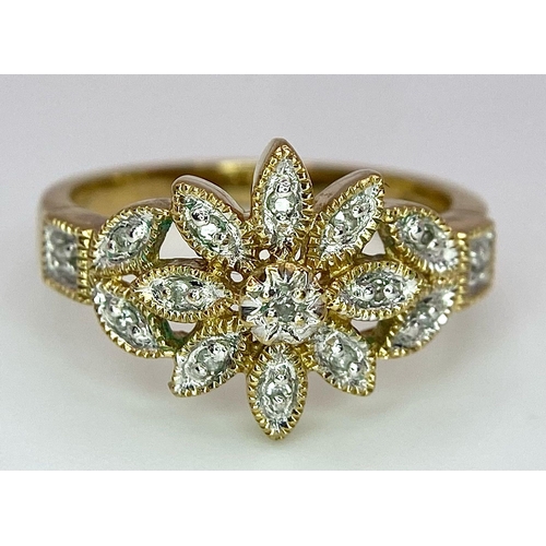 478 - A 9K yellow gold floral diamond set cluster ring, 2.9g, size K (dia:0.15ct)

ref: SH1402I