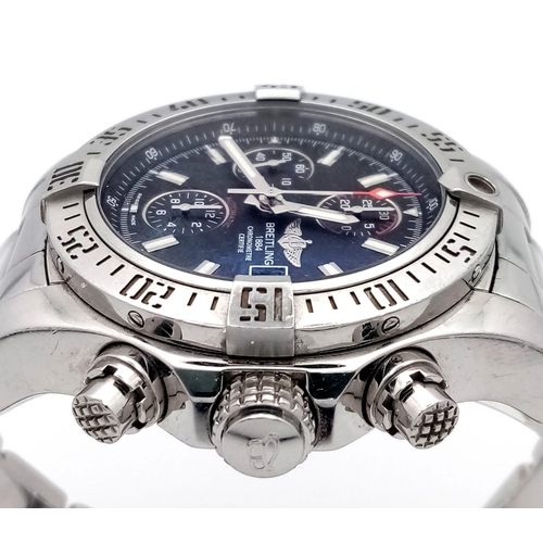 51 - A Breitling Avenger II Chronograph Gents Watch. Stainless steel bracelet and case - 43mm. Black dial... 