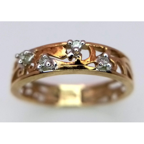 603 - A 9K yellow gold diamond set filigree band ring, 1.5g, size J (dia:0.04ct)

ref: SH1380I