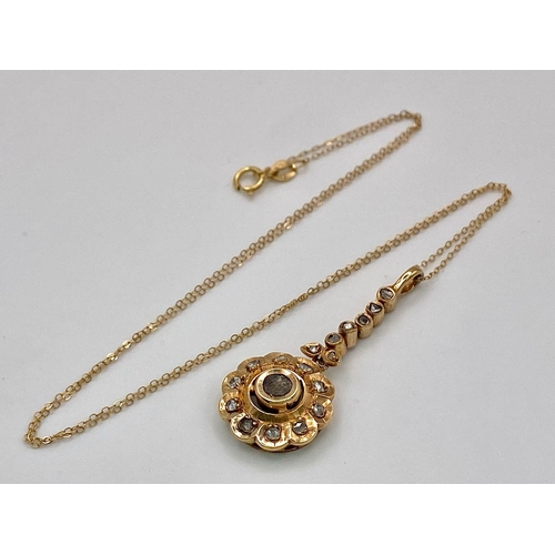 669 - An 18K Gold Pendant with Rose Cut Diamonds on an 18K Gold Disappearing Necklace. 4cm and 40cm. 3.65g... 