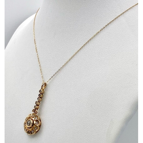 669 - An 18K Gold Pendant with Rose Cut Diamonds on an 18K Gold Disappearing Necklace. 4cm and 40cm. 3.65g... 