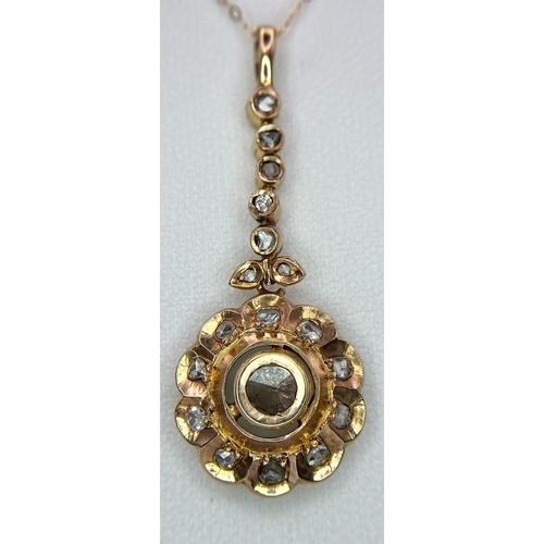 669 - An 18K Gold Pendant with Rose Cut Diamonds on an 18K Gold Disappearing Necklace. 4cm and 40cm. 3.65g... 