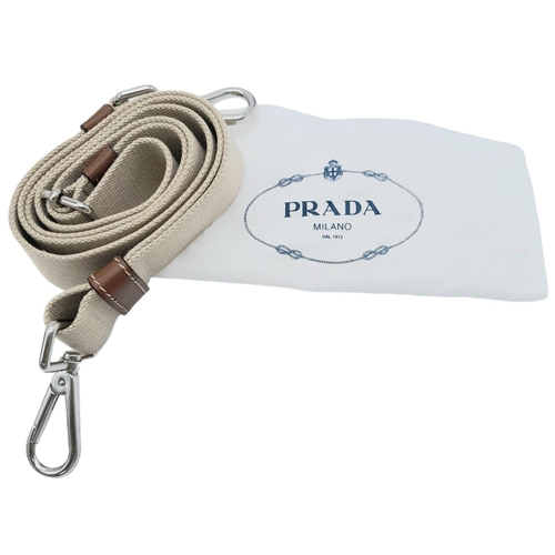 74 - A Prada White Exteriors with Brown Wooden Handle Logo-printed Striped Tote Bag. Vertical Stitching, ... 