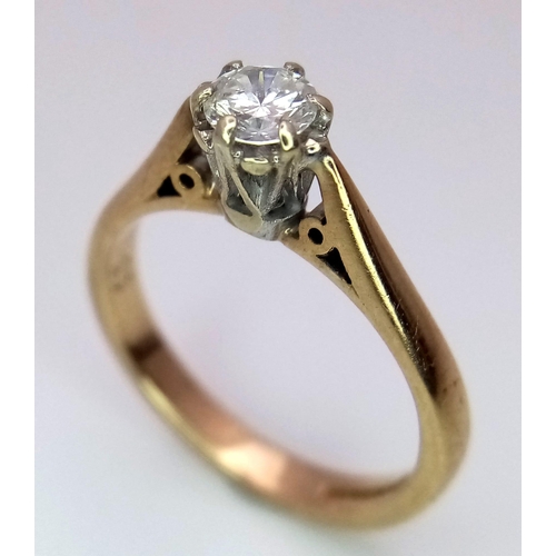 768 - A 9K Yellow Gold Diamond Solitaire Ring. 0.25ct. Size K. 2.43g total weight.