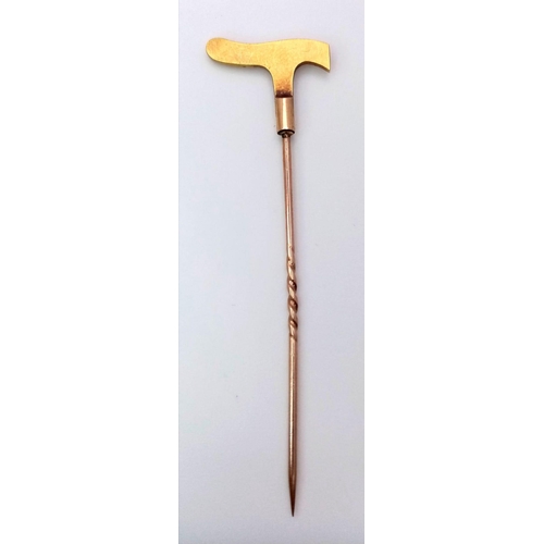 865 - An Antique 9K Yellow Gold and Seed Pearl Stick Pin in the Form of a Walking Stick. 6.5cm length. 2.0... 