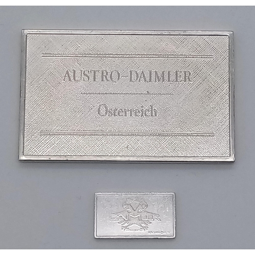 904 - A STERLING SILVER AUSTRO DAIMLER PLAQUE, PLUS A MINI SILVER PLAQUE FOR THE CAR. 24.6g total weight.