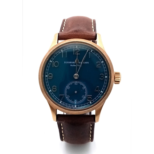 93 - A Brilliantly Hand-Crafted D. Dornbluth and Sohn Automatic Gents Watch. 99.1 calibre. Brown leather ... 