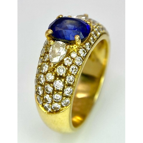 123 - Two Spectacular 18K Gold Rings. A sapphire and diamond ring - central oval sapphire with pave diamon... 