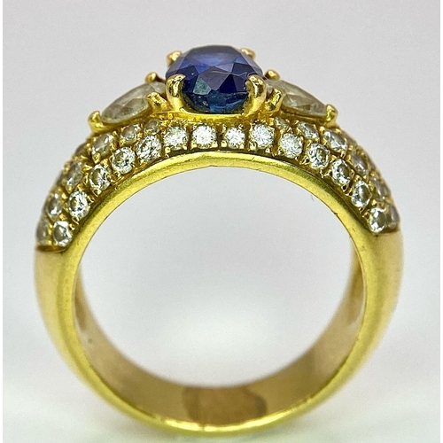 123 - Two Spectacular 18K Gold Rings. A sapphire and diamond ring - central oval sapphire with pave diamon... 