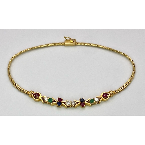 248 - A 18K YELLOW GOLD DIAMOND AND GEM SET BRACELET. TOTAL WEIGHT 5.1G. TOTAL LENGTH 20CM.