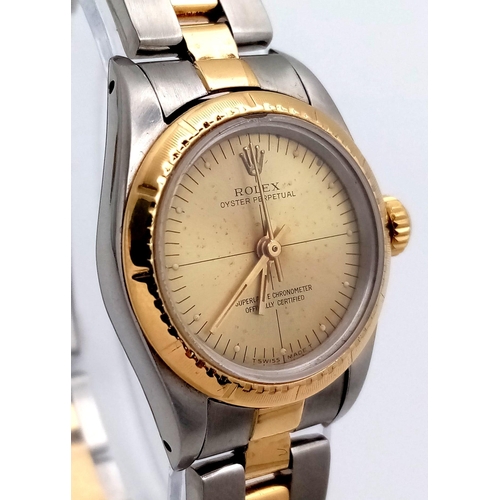 4 - A ROLEX LADIES BI-METAL AUTOMATIC WATCH WITH GOLDTONE DIAL , LATEST STYLE STRAP AND ORIGINAL ROLEX G... 