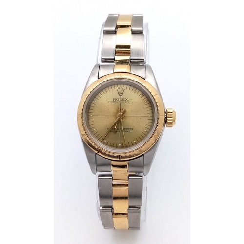 4 - A ROLEX LADIES BI-METAL AUTOMATIC WATCH WITH GOLDTONE DIAL , LATEST STYLE STRAP AND ORIGINAL ROLEX G... 