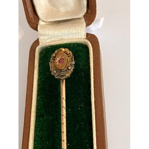 126 - Antique RUBY SET GOLD STICK/TIE PIN. Having marking for 15 carat GOLD. Complete with original case.