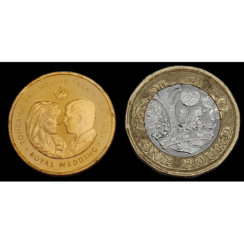 205 - A 22K GOLD COMMEMORATIVE ENCAPSULATED COIN FROM TONGA 1981 MADE FOR THE MARRIAGE OF LADY DIANA SPENC... 