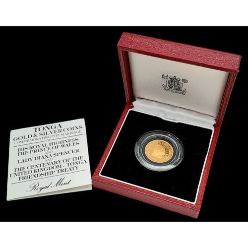 205 - A 22K GOLD COMMEMORATIVE ENCAPSULATED COIN FROM TONGA 1981 MADE FOR THE MARRIAGE OF LADY DIANA SPENC... 