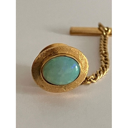 245 - 14 carat GOLD TIE PIN set with OPAL. Please note chain is gilt not gold.