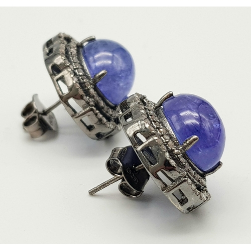 331 - A Pair of Pale Blue Tanzanite Cabochon Gemstone Earrings with Diamond Surrounds set in 925 Silver. T... 