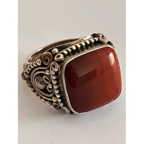 665 - Antique looking SILVER and RED JASPER RING ,Having polished RED JASPER set to top in heavy gauge SIL... 