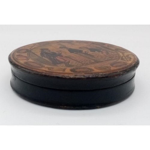 781 - A HAND MADE DICKENSIAN THEMED CIRCULAR SNUFF BOX.   9cms DIAMETER   2cms DEEP