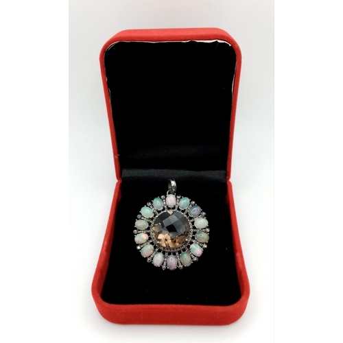 1494 - A Smoky Quartz & Ethiopian Opal Silver Pendant. Round cut Smoky quartz & Oval cut Opals set in 925 S... 