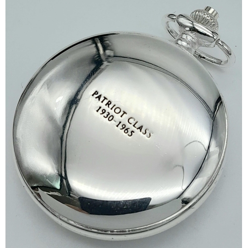 1158 - An Unused Silver Plated Manual Wind ‘Patriot Class 1930-65’ Steam Train Detailed Pocket Watch. 6cm L... 