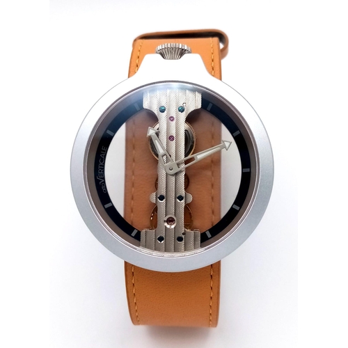 177 - A VERTICALE DOUBLE SKELETON TOP WIND WATCH ON A BROWN LEATHER STRAP