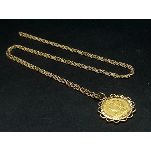 2 - A 1900 22k Gold Queen Victoria Half Sovereign set in a 9K Gold Casing on a 9K Yellow Gold Chain - 66... 