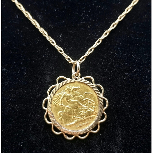 2 - A 1900 22k Gold Queen Victoria Half Sovereign set in a 9K Gold Casing on a 9K Yellow Gold Chain - 66... 