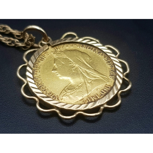 2 - A 1900 22k Gold Queen Victoria Half Sovereign set in a 9K Gold Casing on a 9K Yellow Gold Chain - 66... 