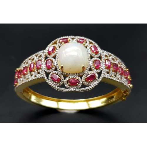 29 - A Wonderful Majestic Colour-Play 12ct Opal and Ruby Gemstone Cuff Bracelet with Diamond Accents. Dia... 