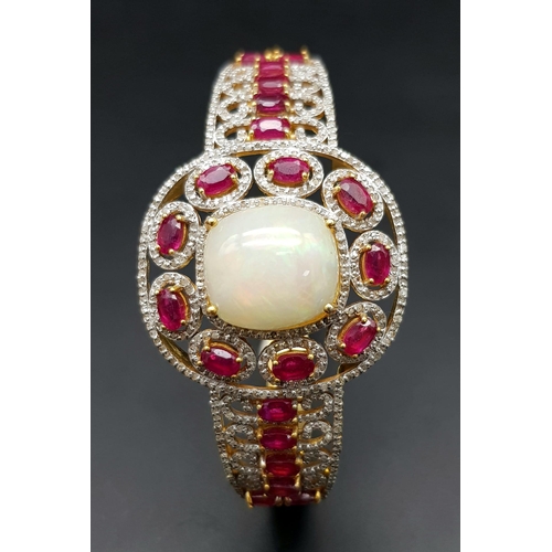 29 - A Wonderful Majestic Colour-Play 12ct Opal and Ruby Gemstone Cuff Bracelet with Diamond Accents. Dia... 