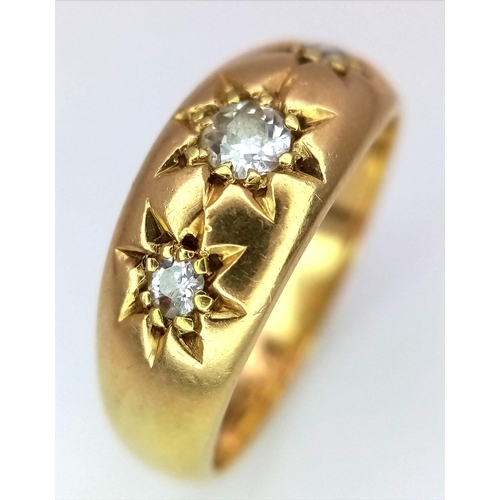 316 - AN ANTIQUE 18K 3 DIAMOND GYPSY RING HALLMARKED IN CHESTER. Size N. 5.2gms