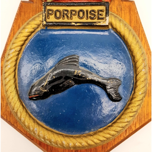 351 - A Very Rare WW2 Royal Navy ‘HMS Porpoise’ Metal Tampion/Tompion Crest Mounted on a Mahogany Plaque. ... 