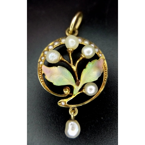 369 - A 14K YELLOW GOLD SEED PEARL SET DROP PENDANT. TOTAL WEIGHT 2.8G