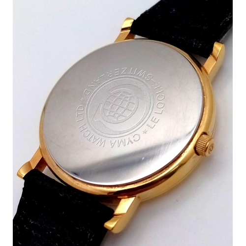 428 - A Cyma Quartz Moonphase Watch. Black leather strap. Gilded case - 32mm. White dial with three sub di... 