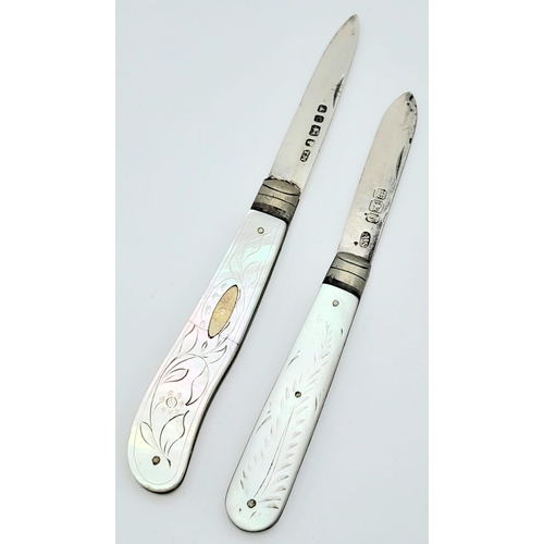 540 - A Parcel of Two Hallmarked Silver and Pearl Handled Pen Knives Comprising; 1) A 1863/4 Hallmarked Kn... 