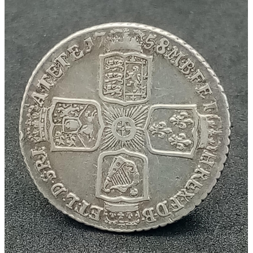 807 - A George II 1758 Silver Shilling. Please see photos for conditions.